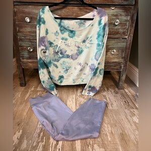 EUC!VS PINK 2PC Teal/purple off shoulder Sweatshirt/Ribbed Purple 7/8 Leggings-L